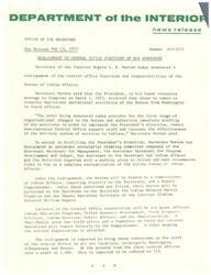 ["The Department of the Interior announced a realignment of central office functions and responsibilities of the Bureau of Indian Affairs, in line with the President's directive to transfer operational activities from Washington to field offices. The realignment includes the creation of a Commissioner of Indian Affairs and Deputy Commissioner positions, along with six major offices within the Central Office organization. The aim is to increase effectiveness in delivering services to Native Americans and reduce staff in central offices in Washington, Albuquerque, and Denver. A steering committee and working group have been designated to review and recommend a complete reorganization of the Bureau of Indian Affairs."]