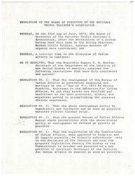 ["The Board of Directors of the National Tribal Chairmen's Association passed several resolutions regarding the realignment of the Bureau of Indian Affairs and the appointment of a new Commissioner of Indian Affairs. They also urged the Secretary of the Interior to communicate directly with elected tribal leaders and to work towards repealing termination policies towards Indian affairs. They recommended several candidates for the position of Commissioner of Indian Affairs."]