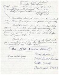 ["The document is a budget report for Couch ted School in Concho, Oklahoma. The tentative allotment for the upcoming year is $810,900, with an additional budget request of $56,728 for a total of $869,628. The budget does not include the absorption of a pay raise given in January. The additional request includes funds for operating the school's food service and dormitory operations. The breakdown of funds is submitted under the Cast code B11-1740 Education Account. The School Board Chairman, Virgil Franklin, mentions a $75,000 cut from last year's budget."]
