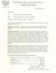 ["The memo discusses the need for design funds of $600,000 for the Chilocco school in Oklahoma. The existing buildings on campus are old and in poor condition, with only a few modern buildings. The proposed facilities include a new secondary school for grades 9-12, with classrooms, special rooms, labs, a gymnasium, and a dormitory for girls. The estimated cost for future construction is $9.8 million."]