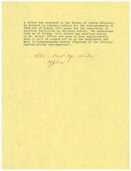 ["A letter was drafted in the Bureau of Indian Affairs requesting the reprogramming of $296,000 for renovations at Chilocco School. The document is awaiting action in Mr. Wiles' office and needs to be signed off on and sent to Congresswoman Hansen, the Chairman of the Interior Appropriations subcommittee."]