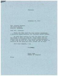 ["Mrs. Eleanor Burnette writes to Congressman Happy Camp requesting help in appointing a permanent superintendent for Chilocco Indian School, as the school risks losing accreditation without one. Congressman Camp responds, informing Mrs. Burnette that Mr. Jimmy Baker will be taking over as superintendent on December 16th."]