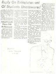 ["Bill Wakale, Chairman of the Chilocco School Indian Advisory Board, supports some changes in Indian education but disagrees with the methods used by certain youth groups. The Board supports the Superintendent's decision to expel nine students involved in an incident. Wakale believes the students can be reinstated if they show they can contribute positively to the school. The Board also supports stricter guidelines and specific guidelines for use in emergencies. School lunch prices will be increased in January 1972."]