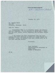 ["The document is a letter from Mr. Donald Bunch to Congressman Camp regarding the Chilocco Indian School and the need for financial help with a new vocational program. Bunch expresses the importance of supporting the education and future of the students at the school. Congressman Camp's administrative assistant, Joan Southard, assures Bunch that the Congressman is working on a sound future for Chilocco and his letter will be addressed upon his return."]