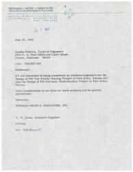 ["Bowman-Nicek & Associates is interested in being considered for architect/engineer projects at Fort Riley, Kansas. They are requesting to be considered for the design of a 500-unit family housing project and the design of EM Barracks Modernization Project. The firm's contact information is provided in the letter."]