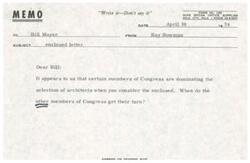 ["The memo discusses the selection of architects for the Riverside School Rehabilitation project and questions the dominance of certain members of Congress in the selection process. It includes letters from Bowman-Nicek & Associates expressing interest in projects at Fort Sill and Fort Leonard Wood. The rest of The document contains announcements for various engineering and design services projects, including environmental impact studies and flood damage reduction projects."]