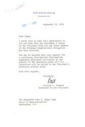 ["The document from the Oklahoma Congressional delegation regarding adjustment assistance for workers at the Henryetta plant of P.P.G. Industries has been received by the White House. The request will be brought to the attention of the President promptly."]