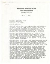["A letter written to the Secretary of Commerce recommending that the United States Fire Academy be established at Oklahoma State University in Stillwater. The document lists the qualifications and achievements of OSU in the field of fire science and technology, and argues that no other institution is more qualified to house the new Academy. The document is signed by several members of the House of Representatives."]