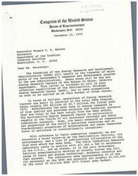 ["The document is addressed to the Secretary of the Department of the Interior, discussing the transfer of research and development programs to the Energy Research and Development Administration (ERDA). Specifically, the letter highlights the capabilities of the Bartlesville Energy Research Center in Oklahoma and suggests transferring the EPA's research on advanced automotive power systems to this facility. The document outlines reasons for the transfer, including better technical direction, utilization of existing facilities, and more effective research and development. The Oklahoma Congressional Delegation supports the transfer as a step towards better overall management and economy in Federal Energy Research and Development work."]
