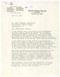 ["The document is addressed to Commissioner Morris Thompson of the Bureau of Indian Affairs, expressing concern about the potential closure of Industrial Development Field Offices in Chicago and Los Angeles. The writer highlights the importance of these offices in attracting industries to Indian areas, specifically in Oklahoma. The document urges the maintenance and expansion of these offices to continue their efforts in promoting economic growth and employment opportunities for Native Americans. Alaska Native Claims Settlement Act."]