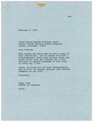 ["The Inter-Tribal Health Advisory Board of the Lawton Service Unit in Oklahoma expressed their disagreement with Senator Bellmon's proposal to put Indian people on a credit card system of health care, stating that Indian Health Service hospitals are essential and should be improved rather than replaced. They also emphasized the importance of treaty rights and the government's responsibility to provide for the health and educational needs of American Indians. Senator Bellmon proposed a Medicare-like program for Indians to receive treatment at any hospital, but the Advisory Board members felt that Indian hospitals would still be necessary on reservations in other states."]