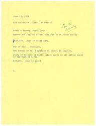 ["On June 13, 1974, BIA Contracts were awarded to Evans & Throop in Ponca City for the removal and replacement of street surfaces at Chilocco Indian for $27,487. On June 17, a contract was awarded to OSU School of Ag. & Applied Sciences in Stillwater for the study of the effects of desalination waste on irrigation water of the Washita River for $29,250."]