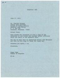 ["A letter from Congressman Happy Camp thanking Acting Area Director Charles Delaney for providing a directory of tribes and elected tribal officials in the Anadarko area. Camp expresses appreciation for the document and assures that it will be kept handy for use. Delaney also mentions that they will provide replacement sheets for any changes in tribal leadership."]