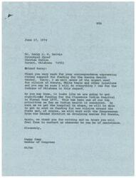 ["The document  is a series of correspondence between various individuals regarding the need for a health center in Nowata, Oklahoma for the Indian population. The Principal Chief of the Choctaw Nation, Harry J. W. Belvin, is seeking support from the Oklahoma Congressional Delegation to secure funding for the center. The General Manager of the Delaware Tribal Business Committee, H. A. Secondine, also expresses the need for the health center to reduce the number of outpatients at the Claremore Indian Hospital. The goal is to obtain an Add-On to the appropriation of Public Law 86-121 to fund the Nowata Health Center."]