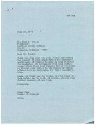 ["The document  is a letter from Happy Camp, a member of Congress, thanking Kent F. Poolaw, President of American Indian Defense, for supporting the permanent appointment of Charles Delaney as Area Director for Anadarko. The document expresses gratitude for the organization's views and states that the letter will be forwarded to the Bureau of Indian Affairs in Washington for consideration. Poolaw, as Secretary General of A.I.D, urges the appointment of Delaney as permanent Area Director for Anadarko."]