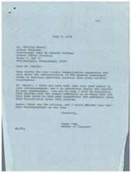 ["The document  is a letter from Tribal Chairman Phillip Martin to Member of Congress Happy Camp expressing concern about the Bureau of Indian Affairs General Assistance program and the lack of financial support for families receiving state welfare payments. Martin requests that the BIA provide 100% of state welfare standards to all Indian families and asks for legislative assistance in resolving the issue."]