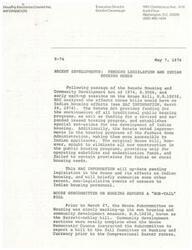 ["The document  discusses recent developments in pending legislation related to housing, specifically focusing on Indian housing needs. It highlights differences between the Senate and House bills, with the Senate providing funding for Indian housing, while the House bill lacks provisions for Indian or rural housing needs. The House Subcommittee on Housing has produced a \"bare bones\" bill that includes a new leasing program, which involves direct contracts with owners of housing units and fair market rentals. The document  also mentions efforts to include public housing set-asides for Indian housing and rural housing amendments in the legislation. Further discussions and battles are expected in the full committee mark-up. Oklahoma Indian Welfare Act."]