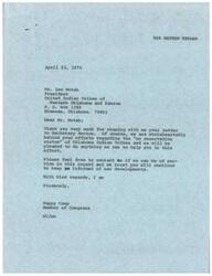 ["The document is from Lee Motah, President of the United Indian Tribes of Western Oklahoma and Kansas, to Secretary of the Interior Rogers C.B. Morton, requesting a re-examination of the \"no reservation status\" of Oklahoma Indian tribes. Congressman Happy Camp expresses support for their efforts and offers assistance. The tribe is seeking a response to their recommendations presented to the Secretary's office."]