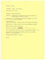 ["The document  provides details about a contract awarded by the Department of Interior's Bureau of Indian Affairs to D. D. Ledford Construction Company for the grading, draining, and surfacing of a road in Blaine County, Oklahoma. The contract is worth $52,354.36 and small business preference was given to the successful bidder. The proposed award date is April 16, 1974."]