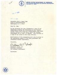 ["The document  is a series of letters regarding the designation of the Tonkawa Indian Tribal Trust Area as a redevelopment area under the Public Works and Economic Development Act of 1965. The documents inform the recipient of the designation and offer assistance in improving employment and economic conditions in the area."]