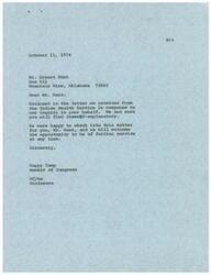 ["Mr. Ernest Hunt, a Kiowa Indian from Mountain View, Oklahoma, expressed concern about the lack of water in his area. Congressman Happy Camp contacted the Bureau of Indian Affairs and the Indian Health Service on Mr. Hunt's behalf to address the issue. The Indian Health Service assured that Mr. Hunt would receive assistance through the Home Improvement Program. Congressman Camp expressed continued interest in the matter and promised to provide updates as soon as more information was available."]