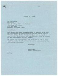 ["The United Indian Tribes of Western Oklahoma and Kansas sent a resolution to Dr. Emory Johnson, Director of the Indian Health Service, requesting the establishment of an Indian Health Service Hospital facility at Shawnee, Oklahoma. They argue that the central location would benefit the service population of 20,794 Indian people representing 27 tribes within a 50-100 mile radius. Congressman Happy Camp thanked them for keeping him informed and offered his assistance in matters involving the Federal Government."]