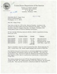 ["The document from the United Indian Tribes of Western Oklahoma and Kansas to the Department of the Interior's Bureau of Indian Affairs requests funding for various programs for fiscal year 1974. The document outlines the contracts and amounts requested for Management Support, Industrial Development, Johnson O'Malley Coordinator Program, and Adult Education. The organization also proposes to assume the Johnson O'Malley Program for western Oklahoma. The document emphasizes the need for continued funding and requests prompt action on the contracts and proposals."]