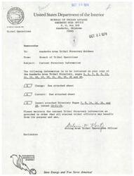 ["The document  is a memorandum from the Anadarko Area Tribal Operations office to tribal directory holders, providing updates and changes to the current directory information for various tribes in the area. It includes changes in tribal officials, addresses, phone numbers, and terms of office for the Caddo Tribe and Cheyenne-Arapaho Tribe. The memo emphasizes the importance of maintaining accurate directory information for the benefit of all elected tribal officials."]