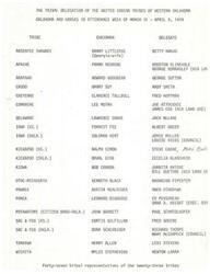 ["A tribal delegation of the United Indian Tribes of Western Oklahoma met from March 31 to April 5, 1974. Representatives from twenty-three tribes attended, with various tribal leaders and delegates present. Staff personnel from the Bureau of Indian Affairs and United Tribes also participated in the meeting. Discussions likely focused on tribal operations, industrial development, and tourism projects."]