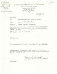 ["The document  is a memorandum from the Anadarko Area Office of the United States Department of the Interior Bureau of Indian Affairs, regarding updates to the Anadarko Area Tribal Directory. It includes specific changes to be made for various tribes, such as updating names, contact information, and term expiration dates for tribal officials. The memorandum also provides information on the Kiowa and Pawnee tribes, including their population, organization, governing bodies, and tribal land information."]