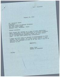 ["The document  is a letter from a member of Congress, Happy Camp, to Lawrence Snake, President of the Delaware Tribe of Western Oklahoma, thanking him for sending a resolution regarding the enrollment of Freshman students at Intermountain Boarding School. The resolution was approved by the Executive Committee of the tribe and requests the enrollment of Freshman students at the school for the upcoming school year. The document expresses support for the resolution and offers assistance to the tribe."]