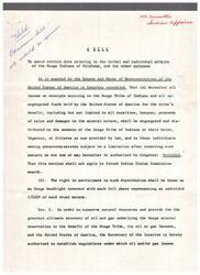 ["The document is a bill aimed at amending certain Acts related to the tribal and individual affairs of the Osage Indians of Oklahoma. It includes provisions for the distribution of income and funds to tribe members, regulations for oil and gas leases, compensation for damages to land, state taxation on oil and gas production, and the election of tribal officers. It also addresses the sale and transfer of Osage headright interests."]