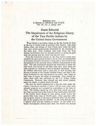 ["The document describes the history of the Taos Pueblo Indians and their fight to regain control of their land. The land in question is the Blue Lake area, which is considered sacred by the tribe. The US government has been slowly taking away the tribe's land, and the tribe has been fighting to get it back. The most recent development is a bill that would give the tribe control of the Blue Lake area, but the US Forest Service is opposing the bill. The tribe believes that the entire watershed is sacred, not just specific locations, and that anything that harms the watershed hurts the tribe."]
