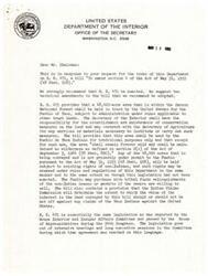 ["The document is a response from the Department of the Interior regarding a bill to amend the Act of May 31, 1933, to grant trust title to the Pueblo de Taos Indians for a 48,000-acre area within the Carson National Forest. The bill aims to allow the Pueblo to use the land for traditional purposes only, maintain conservation measures, and potentially purchase relinquishments of non-Indian leases. The background of the area, legal claims by the Taos Indians, and the religious significance of the land are also discussed. The Department strongly recommends the enactment of the bill with two technical amendments."]