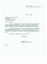 ["The document is a letter from the Taos Pueblo Council to Representative John W. Happy Camp, thanking him for his support and informing him about their struggle to obtain trust title for their land. They provide background information on previous bills and hearings related to the issue, and ask for his support for the current bill, H.R. 471. Representative Camp responds, thanking them for the information and assuring them that he will keep it in mind during the upcoming Subcommittee hearings."]
