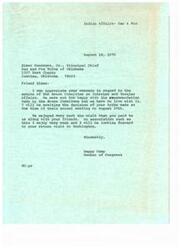 ["The letter is from Elmer Manatowa, Jr., the Principal Chief of the Sac and Fox Tribe of Oklahoma, expressing concern about the decision made by the House Committee on Interior and Insular Affairs regarding bills favored by the tribe. He asks for no further action to be taken until the tribe's Annual General Council Meeting on August 29th, where he will make a full report and recommendations. The decision could potentially result in a loss of funds for tribal members, so he is seeking additional direction from the General Council. Manatowa also thanks Congressman John N. (Happy) Camp for his hospitality during a recent visit to Washington."]