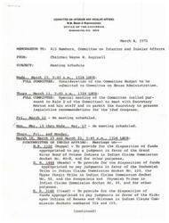 ["The memo outlines the meeting schedule for the Committee on Interior and Insular Affairs, including consideration of the committee budget, meetings with Secretary Morton to discuss legislative recommendations, and hearings on various bills related to Indian affairs. It also includes an orientation meeting with the Assistant Secretary of the Interior to discuss the Federal reclamation program."]