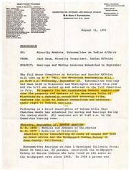 ["The document provides a list of members of the Ninety-Third Congress, Subcommittee on Indian Affairs, and details upcoming hearings and markup sessions scheduled for September. It specifically mentions H.R. 7421, the Menominee Restoration Bill, and other bills related to Indian land issues and livestock trespassing on Indian land. The document also includes background information and facts related to each bill."]