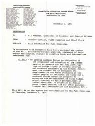 ["The document provides a list of members of the Committee on Interior and Insular Affairs, along with information about a bill scheduled for consideration by the Full Committee. The bill, S. 1017, aims to promote maximum Indian participation in government and education, establish a national Indian education program, and encourage the development of human resources for Indian people. The bill is set to be discussed on Thursday, December 5, 1974."]