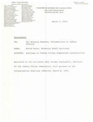 ["The document is a memorandum addressed to all Minority Members of the Subcommittee on Indian Affairs regarding hearings on the Indian Claims Commission authorization. It includes a statement to be presented by Jerome Kuykendall, Chairman of the Indian Claims Commission, at the hearings on March 8, 1973."]