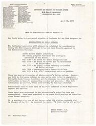 ["This text is a memo outlining the projected schedule of business for the 92nd Congress for the Subcommittee on Indian Affairs. It lists legislation that will likely be considered, including bills related to Alaska Native Claims, Indian judgment fund, Indian irrigation laws, Navajo Community College, and Navajo-Hopi partition problem. The memo also mentions potential hearings on the Administration's Indian package and the Subcommittee's plans for handling bills referred with department reports. It also includes a humorous anecdote about a Member's experience on a plane."]