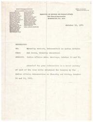 ["The document provides a list of members of the Committee on Interior and Insular Affairs and the U.S. House of Representatives. It also includes a memorandum from Bob Gants, a Minority Consultant, to Minority Members of the Subcommittee on Indian Affairs regarding hearings on nine bills scheduled for October 14 and 15, 1971."]