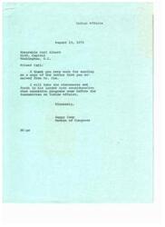 ["The document is a series of correspondence between Honorable Carl Albert and Happy Camp regarding Indian education programs. Happy Camp thanks Carl Albert for sharing a letter from constituents involved in the Pennsylvania State University Indian Principalship Training program, which includes suggestions for improving Indian education. The constituents suggest a more comprehensive adult education program in southeastern Oklahoma and turning Bureau of Indian Affairs schools over to recognized tribal councils. Carl Albert expresses appreciation for the suggestions and promises to consider them when education programs come before the Subcommittee on Indian Affairs."]