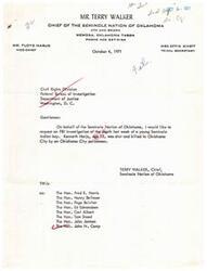 ["Chief Terry Walker of the Seminole Nation of Oklahoma is requesting an FBI investigation into the death of a young Seminole Indian boy who was shot and killed by an Oklahoma City policeman. The letter was addressed to the Civil Rights Division of the FBI and includes the names of several politicians who were also copied on the correspondence."]