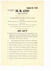 ["The document is a bill, H. R. 6797, that provides for the disposition of funds appropriated to pay judgments in favor of the Kickapoo Indians of Kansas and Oklahoma. The funds are to be divided based on tribal membership, with certain deductions and allocations specified. The funds distributed per capita are not subject to federal or state income taxes. The Secretary of the Interior must approve plans for the use of the funds, and any sums payable to minors or individuals under legal disability must be protected appropriately. The Secretary is also authorized to establish rules and regulations to carry out the provisions of the Act."]
