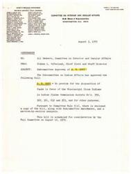 ["The document is a memorandum from Sidney L. McFarland, Chief Clerk and Staff Director of the Committee on Interior and Insular Affairs, regarding the approval of bill H.R. 6067 by the Subcommittee on Indian Affairs. The bill is about the disposition of funds in favor of the Mississippi Sioux Indians in Indian Claims Commission dockets and outlines the process for distributing the funds to various tribes and individuals. The bill is scheduled for consideration by the Full Committee."]