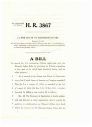 ["H.R. 3867 is a bill introduced in the House of Representatives in 1973 to provide for Federal acquisition of the Klamath Indian Forest lands. The bill authorizes the Secretary of Agriculture to negotiate for the purchase of tribal lands at a price not exceeding $51,954,709. The bill was recommended for enactment by representatives from Oregon and the Forest Service, and is supported by the President. The bill aims to acquire tribal lands previously offered for sale by a trustee in 1971."]