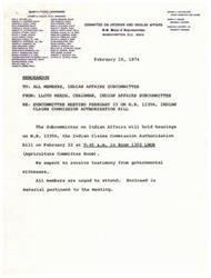 ["The document provides information about the Subcommittee on Indian Affairs meeting on February 22 to discuss the Indian Claims Commission Authorization bill, H.R. 12356. The bill authorizes appropriations for the Indian Claims Commission for fiscal year 1975. It includes details about the rationale behind the bill, background information on the Indian Claims Commission, and the progress made by the Commission in resolving claims. The document also includes a subcommittee amendment to H.R. 12356, limiting the authorization level to $1,450,000."]