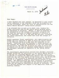 ["The letter addresses concerns about funding for the Public Health Service's Indian health program. The Administration explains that funding is being considered in the context of inflation and fiscal constraints, but efforts are being made to improve the health status of American Indians. The letter details the allocation of funds for medical supplies, equipment, and staffing, as well as plans for future appropriations to enhance the Indian health program."]