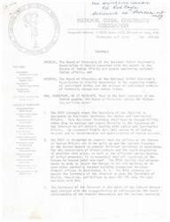 ["The document is a resolution adopted by the National Tribal Chairmen's Association Board of Directors concerning the Bureau of Indian Affairs and national Indian affairs. The resolution includes recommendations for the appointment of an Assistant Secretary for Indian Affairs, keeping the Bureau of Indian Affairs housed in one location, reorganizing the Bureau to reflect self-determination policies, and taking legal action on specific cases. The resolution also calls for the consideration of a tribal member as Commissioner of the Bureau of Indian Affairs. The resolution was unanimously adopted in December 1972."]
